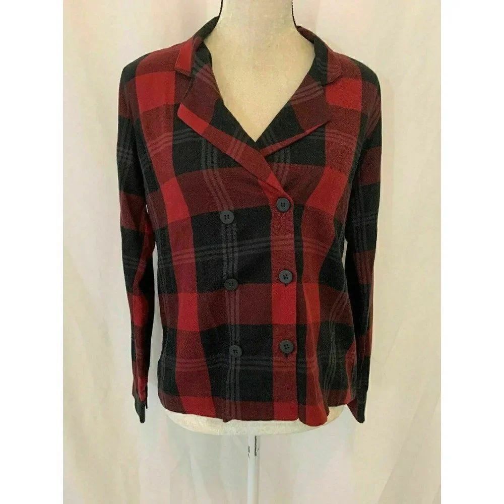 Zara Womens Red Black Blue Plaid Long Sleeve Button Down Top Women Size Medium